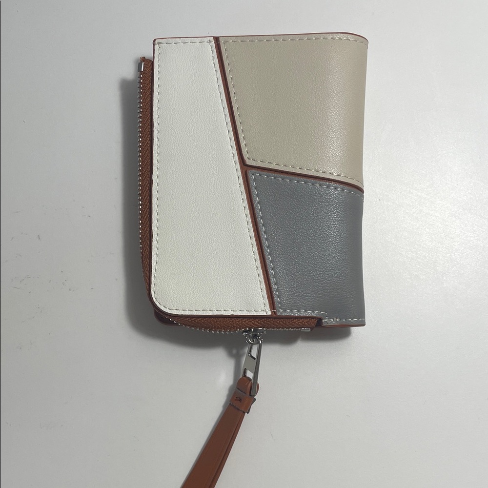 Colorblock Zip Wallet - Cream, White, Gray with Brown Trim